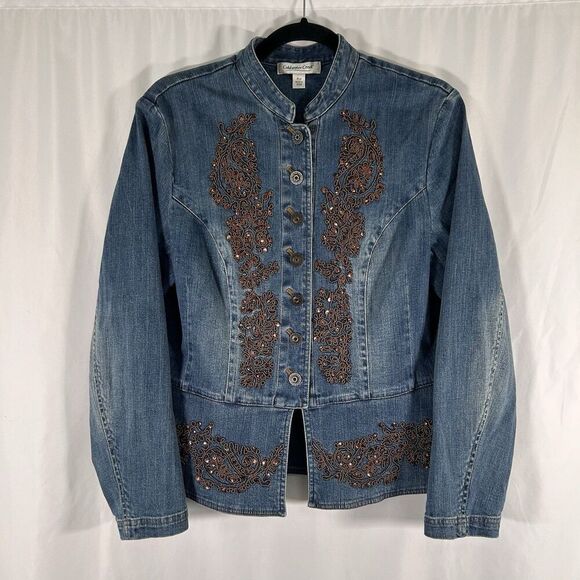 Coldwater Creek Denim Jacket Women's Medium Petite Button Up Sequin Cotton Blend - Picture 1 of 8